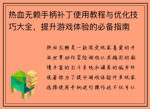 热血无赖手柄补丁使用教程与优化技巧大全，提升游戏体验的必备指南